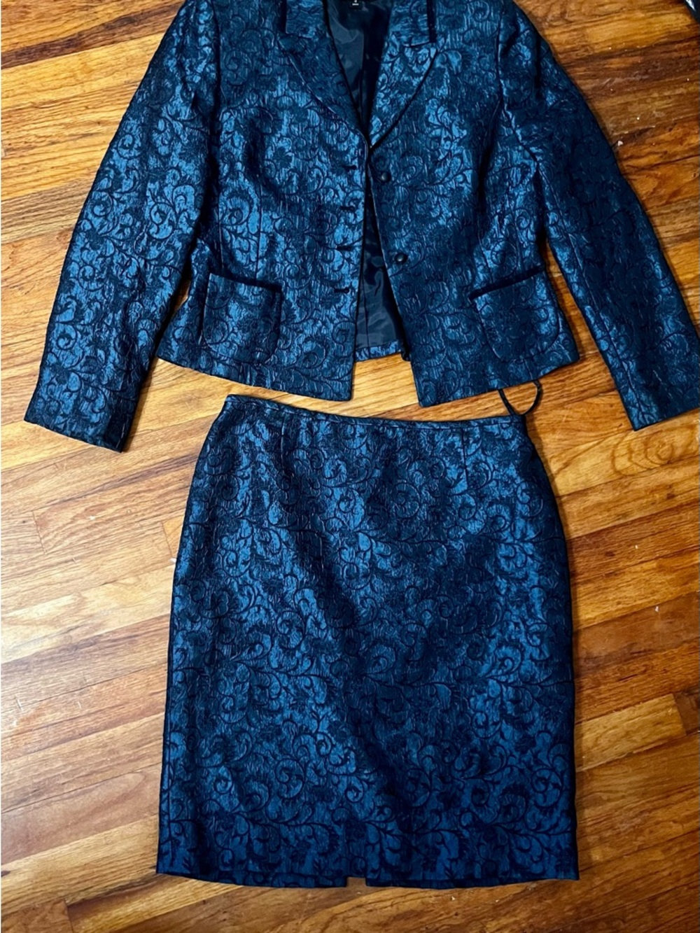 Black Brocade Skirt Suit - Floral Jacquard Two-Piece